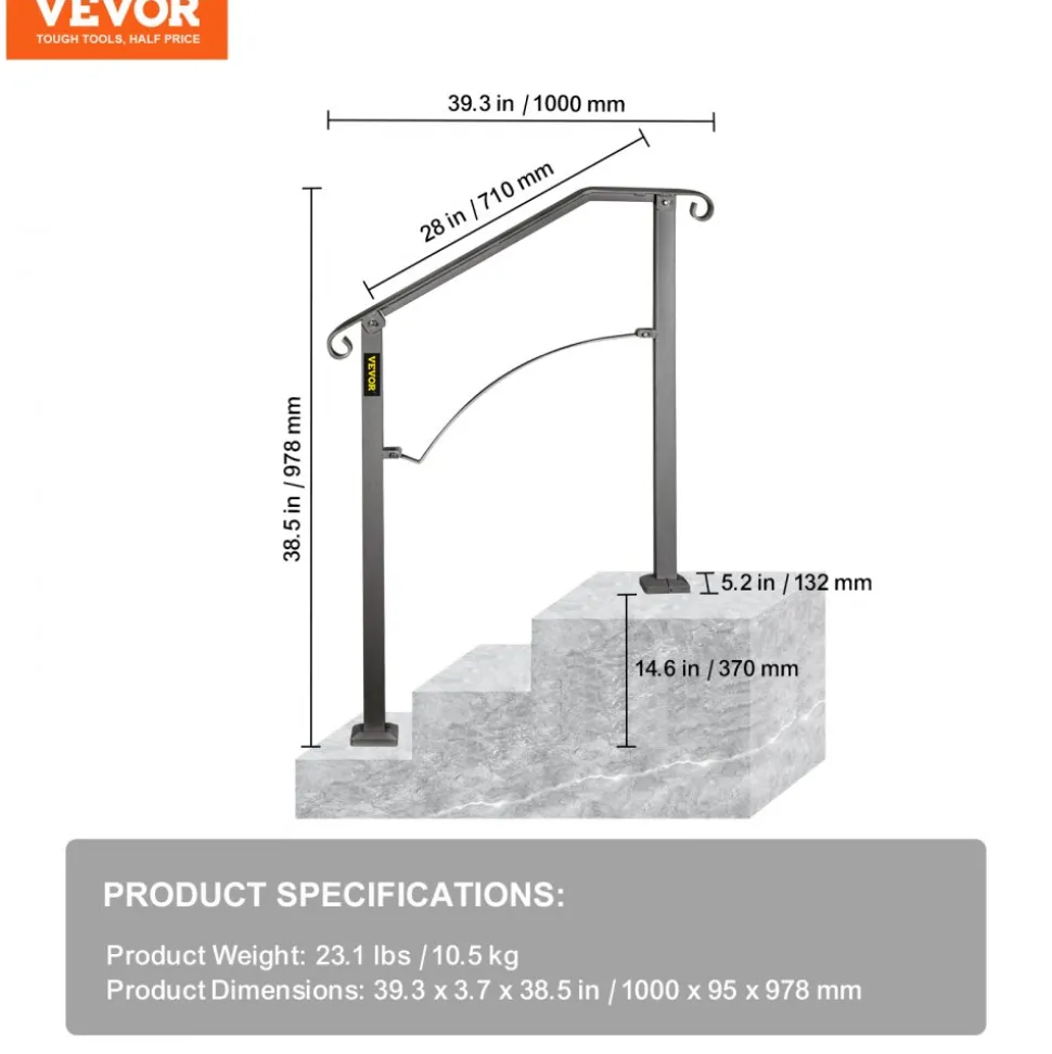 VEVOR Handrails for Outdoor Steps, Fit 2 or 3 Steps Outdoor Stair Railing, Arch#2 Wrought Iron Handrail, Flexible Porch Railing, Black Transitional Handrails for Concrete Steps or Wooden Stairs