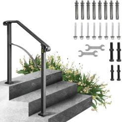 VEVOR Handrails for Outdoor Steps, Fit 2 or 3 Steps Outdoor Stair Railing, Arch#2 Wrought Iron Handrail, Flexible Porch Railing, Black Transitional Handrails for Concrete Steps or Wooden Stairs
