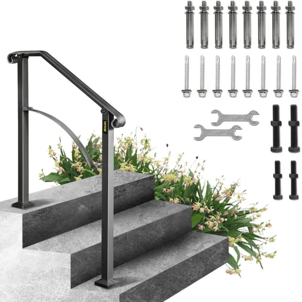 VEVOR Handrails for Outdoor Steps, Fit 2 or 3 Steps Outdoor Stair Railing, Arch#2 Wrought Iron Handrail, Flexible Porch Railing, Black Transitional Handrails for Concrete Steps or Wooden Stairs