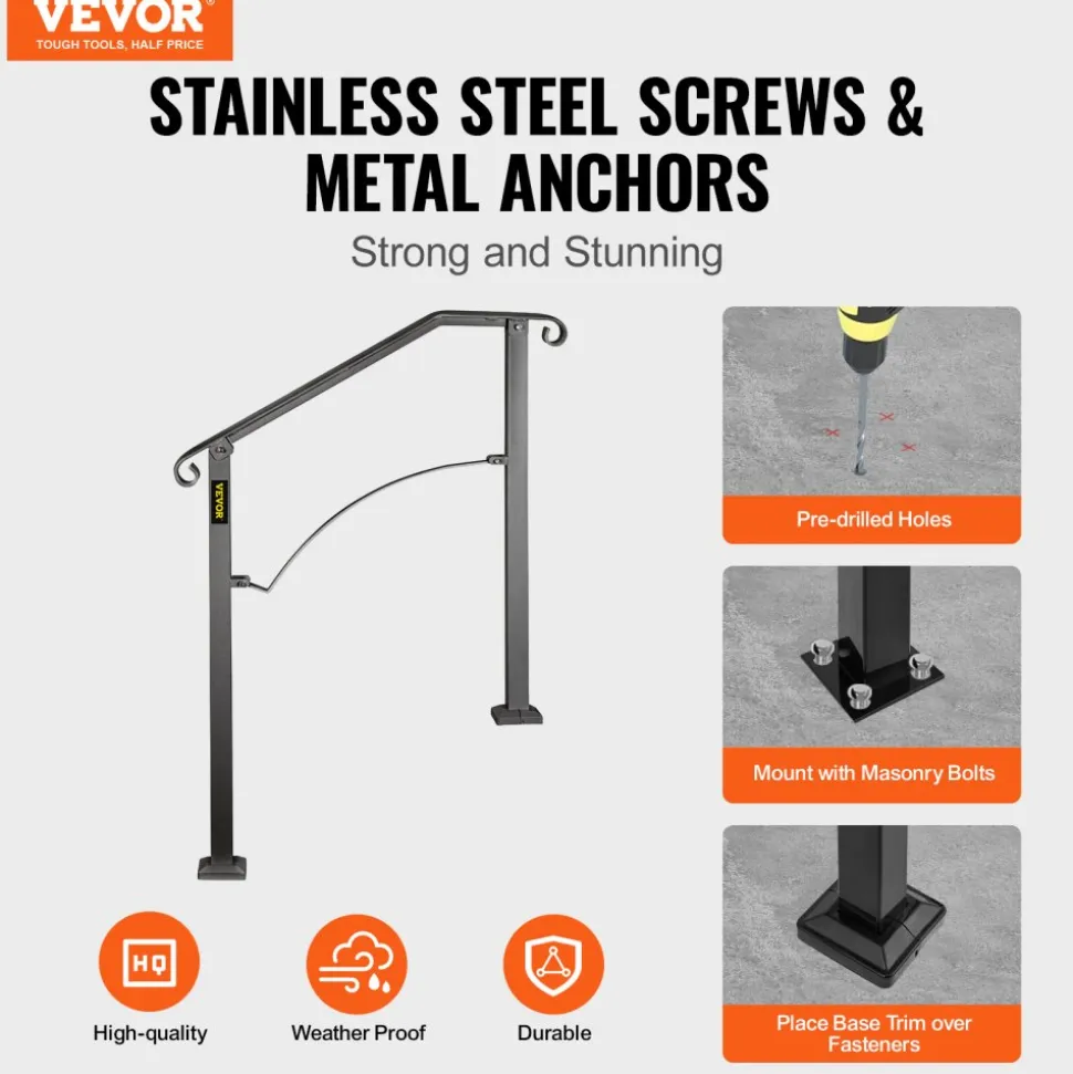 VEVOR Handrails for Outdoor Steps, Fit 2 or 3 Steps Outdoor Stair Railing, Arch#2 Wrought Iron Handrail, Flexible Porch Railing, Black Transitional Handrails for Concrete Steps or Wooden Stairs