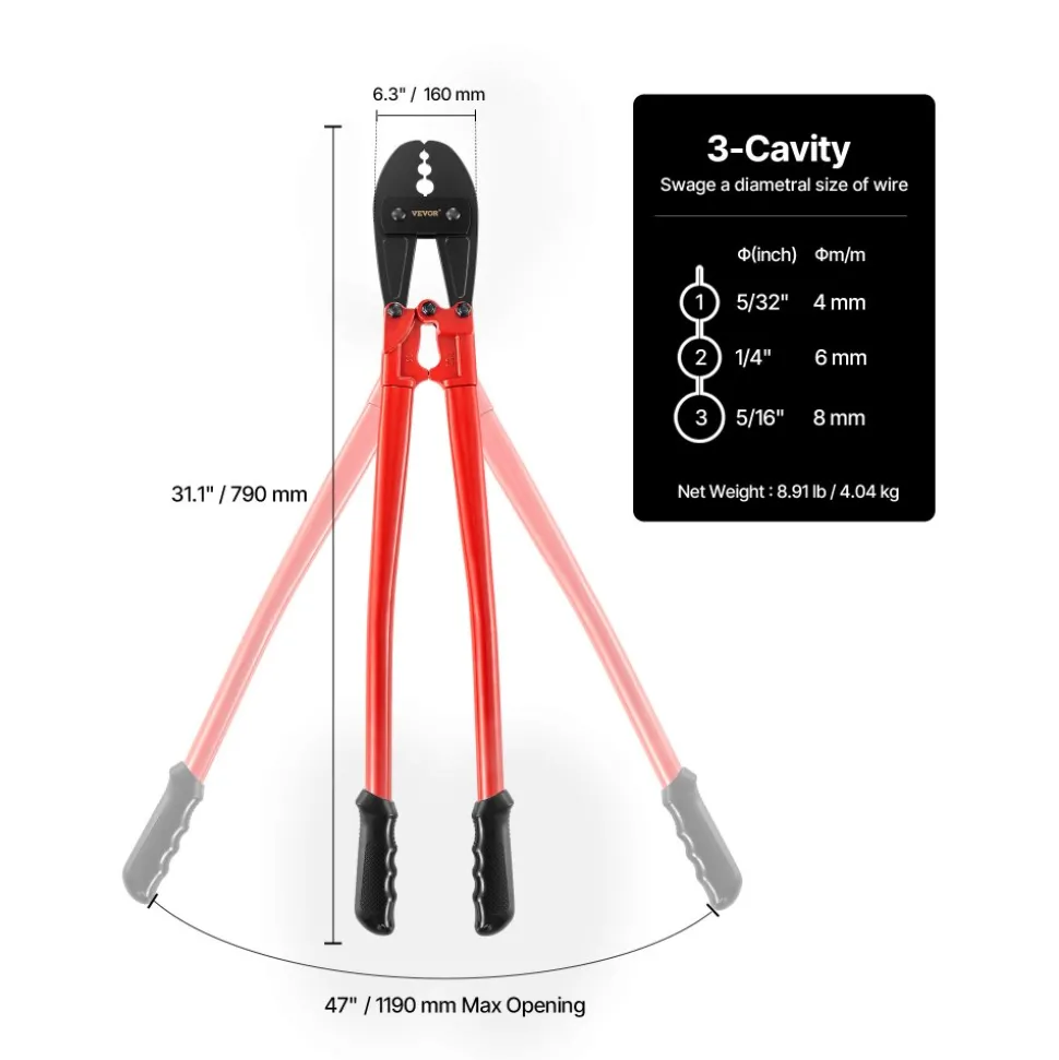 VEVOR 30" Hand Swager, Swaging Tool for 5/32", 1/4" and 5/16" Wire Rope Cable