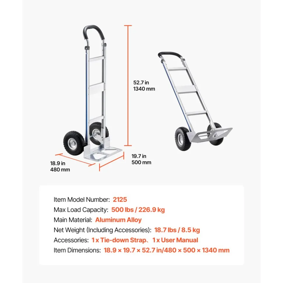 VEVOR Hand Truck, 500 lbs Load Capacity, Heavy-Duty Hand Truck Dolly with Non-Slip Wheels & Handle, Aluminum Alloy Portable Dolly with Tie-down Strap for Moving Home, Office, Warehouse
