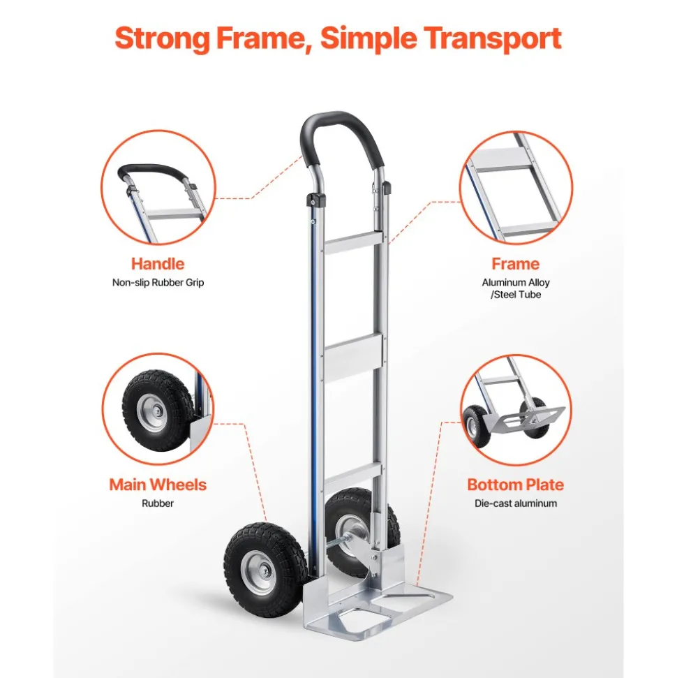VEVOR Hand Truck, 500 lbs Load Capacity, Heavy-Duty Hand Truck Dolly with Non-Slip Wheels & Handle, Aluminum Alloy Portable Dolly with Tie-down Strap for Moving Home, Office, Warehouse