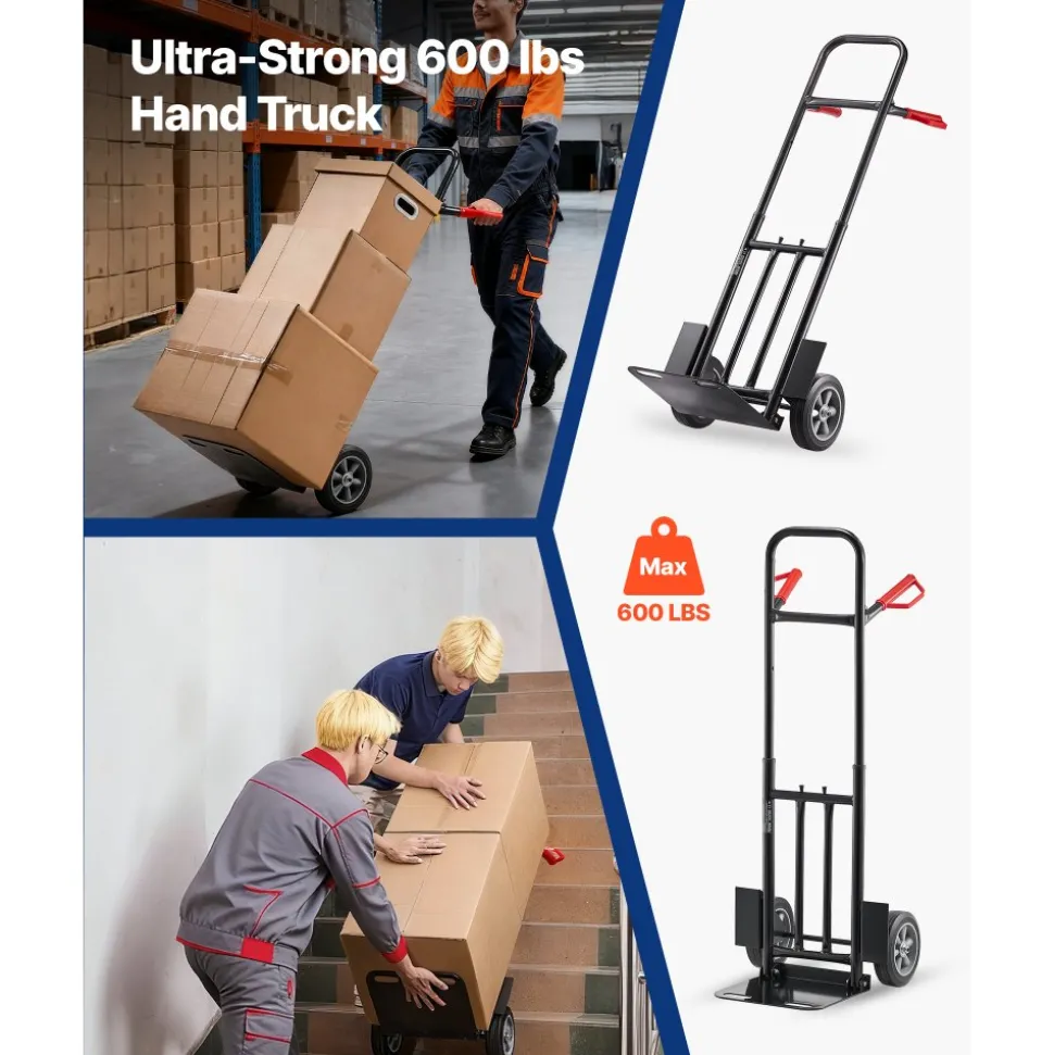 VEVOR Hand Truck, 600 lbs Load Capacity, Heavy-Duty Hand Truck Dolly with Wheels & Telescoping Handle, Portable Dolly with Tie-down Strap for Moving Home, Office, Warehouse, Supermarket