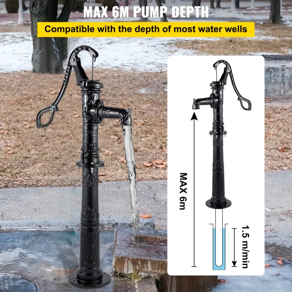 VEVOR Hand Water Pump with Stand 15.7 x 9.4 x 53.1 inch Pitcher Pump & 26 inch Pump Stand with Pre-set 1/2" Holes for Easy Installation Rustic Cast Iron Well Pump for Yard Garden Farm Irrigation Blac