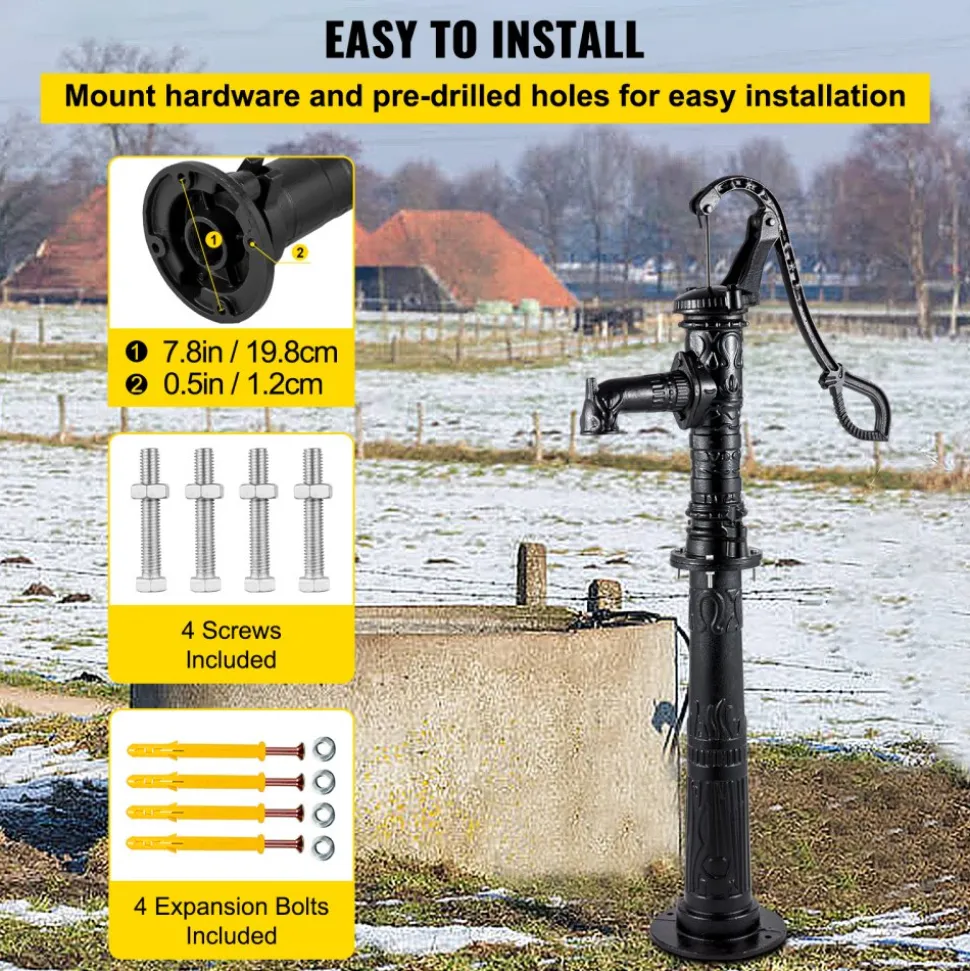 VEVOR Hand Water Pump with Stand 15.7 x 9.4 x 53.1 inch Pitcher Pump & 26 inch Pump Stand with Pre-set 1/2" Holes for Easy Installation Rustic Cast Iron Well Pump for Yard Garden Farm Irrigation Blac