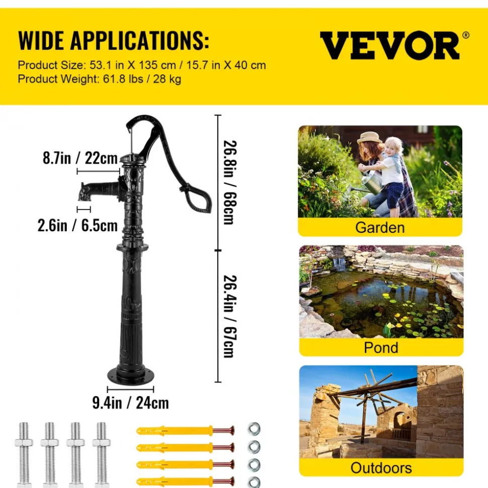 VEVOR Hand Water Pump with Stand 15.7 x 9.4 x 53.1 inch Pitcher Pump & 26 inch Pump Stand with Pre-set 1/2" Holes for Easy Installation Rustic Cast Iron Well Pump for Yard Garden Farm Irrigation Blac