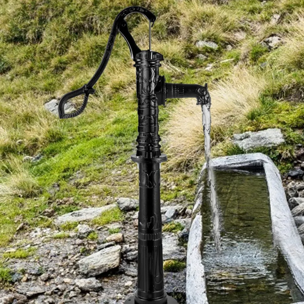 VEVOR Hand Water Pump with Stand 15.7 x 9.4 x 53.1 inch Pitcher Pump & 26 inch Pump Stand with Pre-set 1/2" Holes for Easy Installation Rustic Cast Iron Well Pump for Yard Garden Farm Irrigation Blac