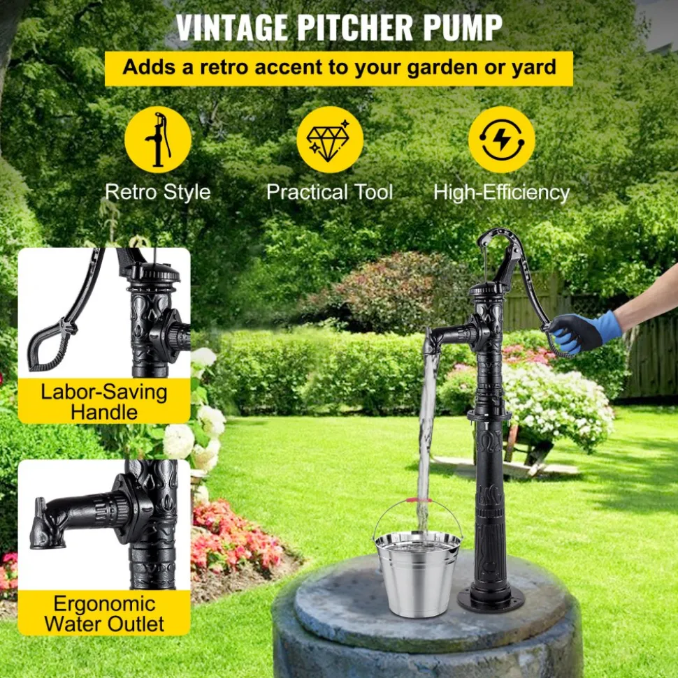 VEVOR Hand Water Pump with Stand 15.7 x 9.4 x 53.1 inch Pitcher Pump & 26 inch Pump Stand with Pre-set 1/2" Holes for Easy Installation Rustic Cast Iron Well Pump for Yard Garden Farm Irrigation Blac