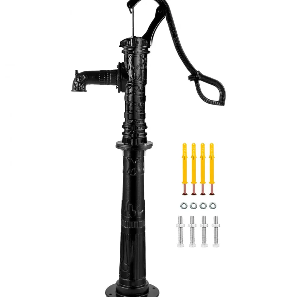 VEVOR Hand Water Pump with Stand 15.7 x 9.4 x 53.1 inch Pitcher Pump & 26 inch Pump Stand with Pre-set 1/2" Holes for Easy Installation Rustic Cast Iron Well Pump for Yard Garden Farm Irrigation Blac