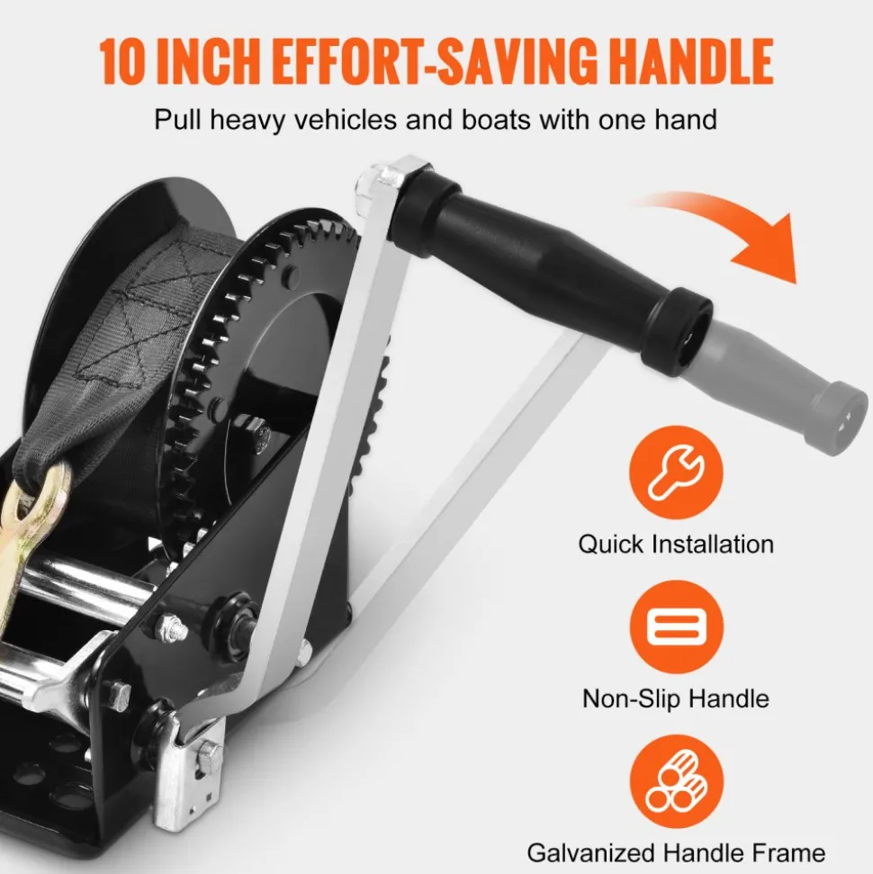 VEVOR Hand Winch, 3500 lbs Pulling Capacity, Boat Trailer Winch Heavy Duty Rope Crank with 33 ft Polyester Strap and Two-Way Ratchet, Manual Operated Hand Crank Winch for Trailer, Boat or ATV Towing