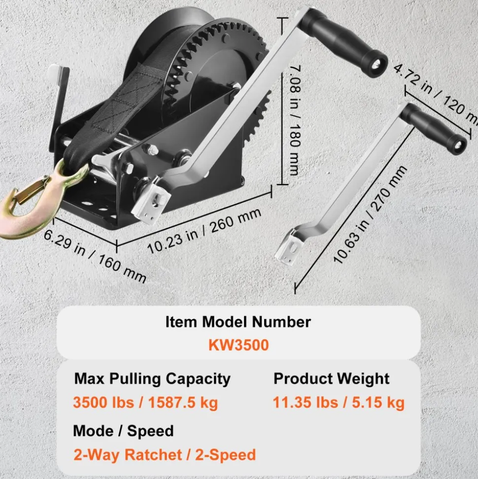 VEVOR Hand Winch, 3500 lbs Pulling Capacity, Boat Trailer Winch Heavy Duty Rope Crank with 33 ft Polyester Strap and Two-Way Ratchet, Manual Operated Hand Crank Winch for Trailer, Boat or ATV Towing