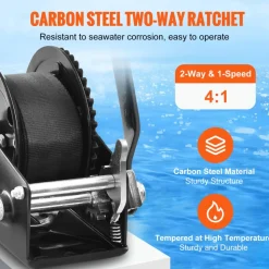 VEVOR Hand Winch, 1200 lbs Pulling Capacity, Boat Trailer Winch Heavy Duty Rope Crank with 23 ft Polyester Strap and Two-Way Ratchet, Manual Operated Hand Crank Winch for Trailer, Boat or ATV Towing