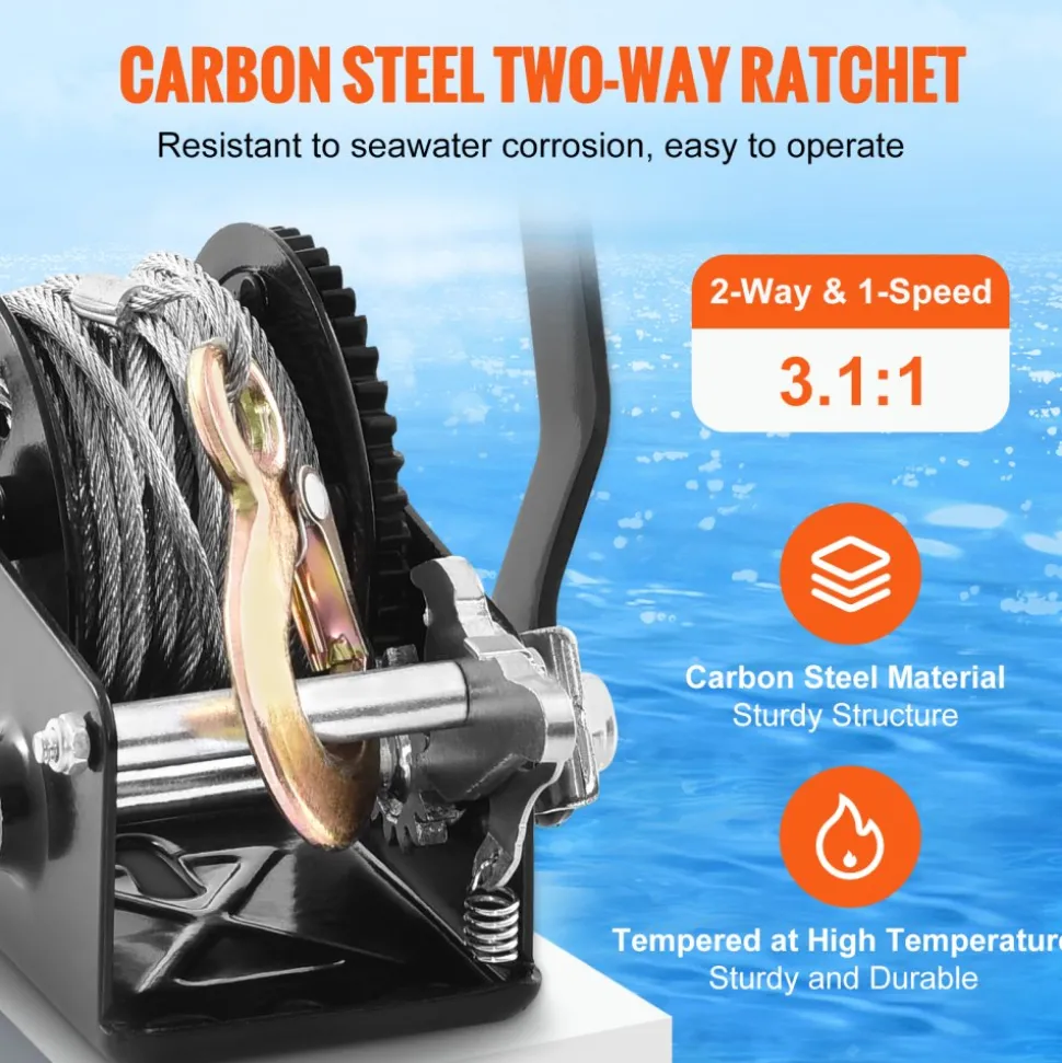 VEVOR Hand Winch, 800 lbs Pulling Capacity, Boat Trailer Winch Heavy Duty Rope Crank with 33 ft Steel Wire Cable and Two-Way Ratchet, Manual Operated Hand Crank Winch for Trailer, Boat or ATV Towing