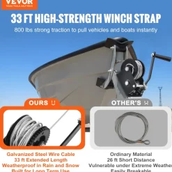 VEVOR Hand Winch, 800 lbs Pulling Capacity, Boat Trailer Winch Heavy Duty Rope Crank with 33 ft Steel Wire Cable and Two-Way Ratchet, Manual Operated Hand Crank Winch for Trailer, Boat or ATV Towing