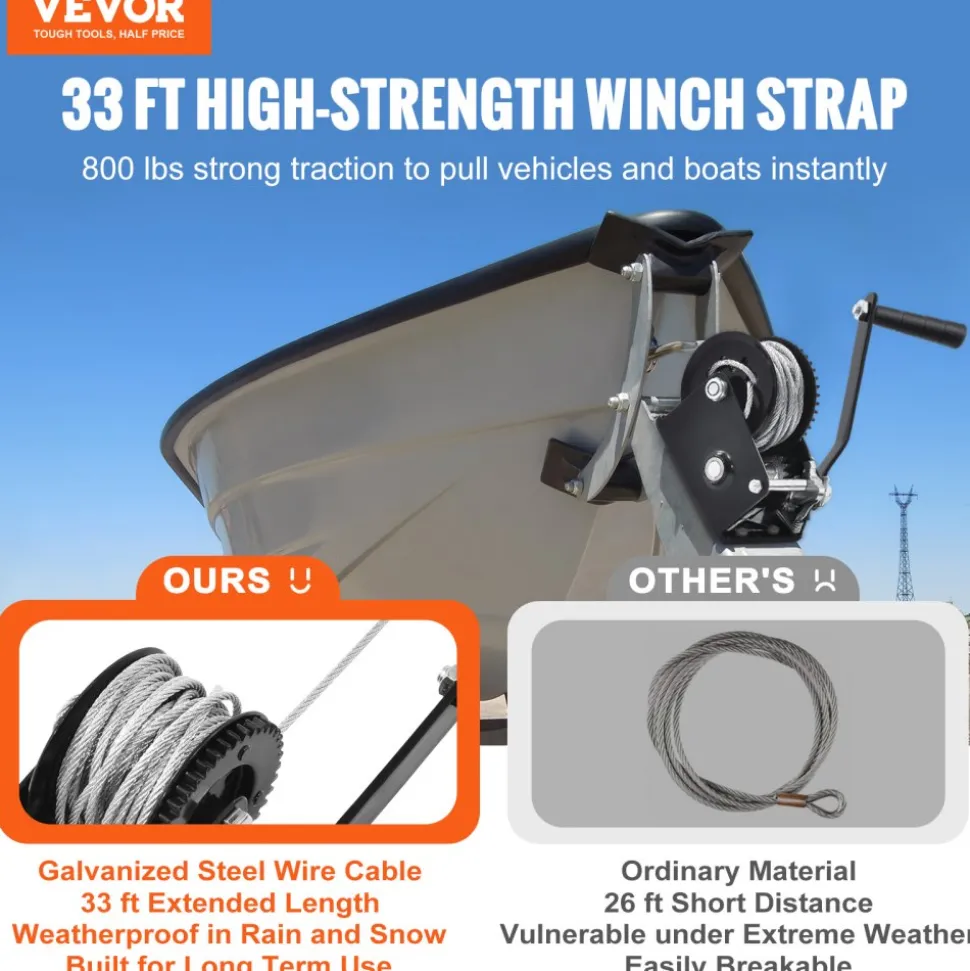 VEVOR Hand Winch, 800 lbs Pulling Capacity, Boat Trailer Winch Heavy Duty Rope Crank with 33 ft Steel Wire Cable and Two-Way Ratchet, Manual Operated Hand Crank Winch for Trailer, Boat or ATV Towing