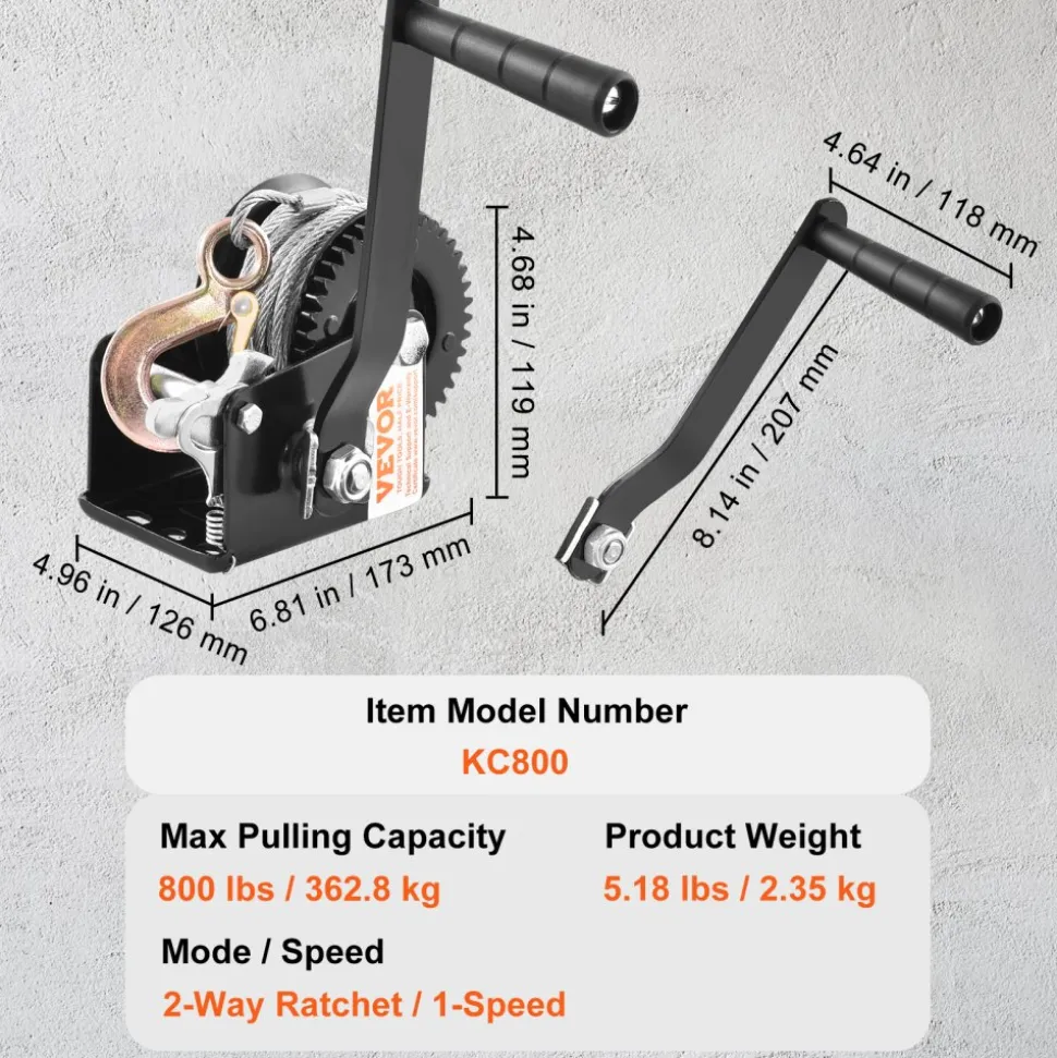 VEVOR Hand Winch, 800 lbs Pulling Capacity, Boat Trailer Winch Heavy Duty Rope Crank with 33 ft Steel Wire Cable and Two-Way Ratchet, Manual Operated Hand Crank Winch for Trailer, Boat or ATV Towing
