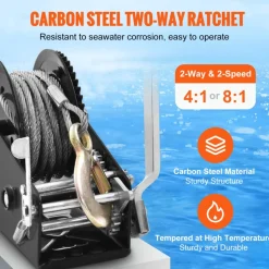 VEVOR Hand Winch, 2000 lbs Pulling Capacity, Boat Trailer Winch Heavy Duty Rope Crank with 23 ft Polyester Strap and Two-Way Ratchet, Manual Operated Hand Crank Winch for Trailer, Boat or ATV Towing
