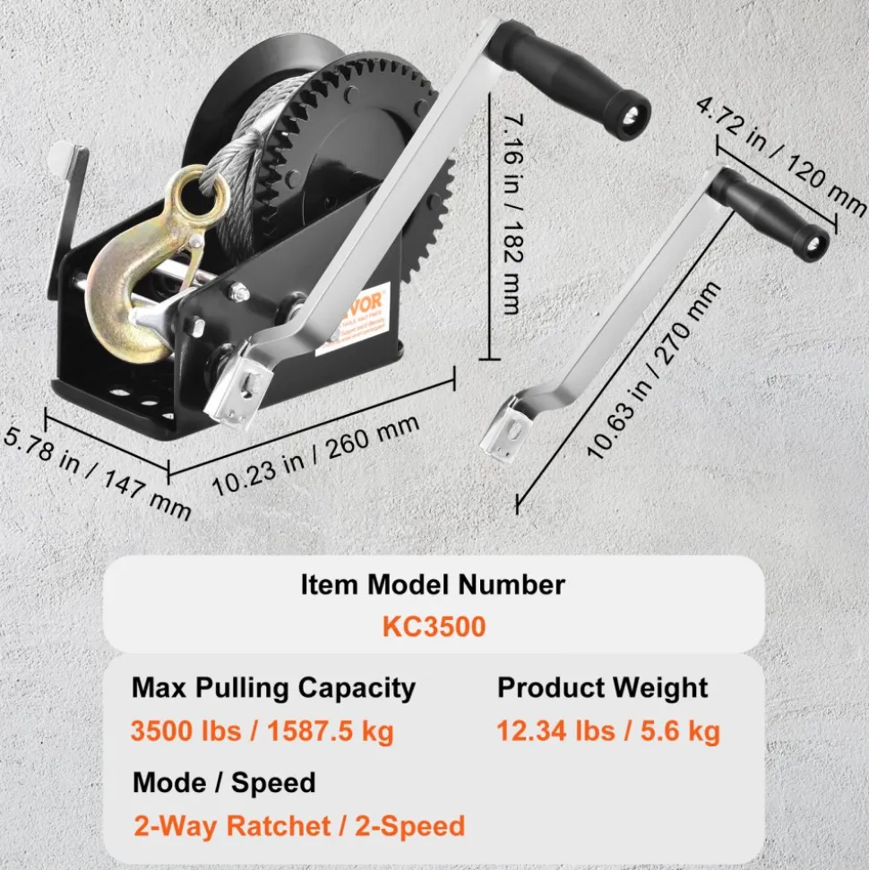 VEVOR Hand Winch, 2000 lbs Pulling Capacity, Boat Trailer Winch Heavy Duty Rope Crank with 23 ft Polyester Strap and Two-Way Ratchet, Manual Operated Hand Crank Winch for Trailer, Boat or ATV Towing