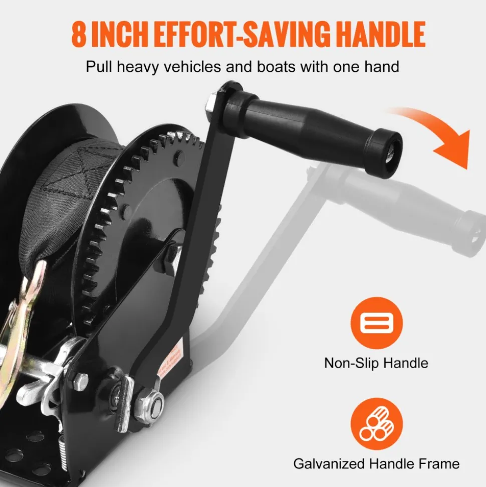 VEVOR Hand Winch, 1600 lbs Pulling Capacity, Boat Trailer Winch Heavy Duty Rope Crank with 33 ft Polyester Strap and Two-Way Ratchet, Manual Operated Hand Crank Winch for Trailer, Boat or ATV Towing