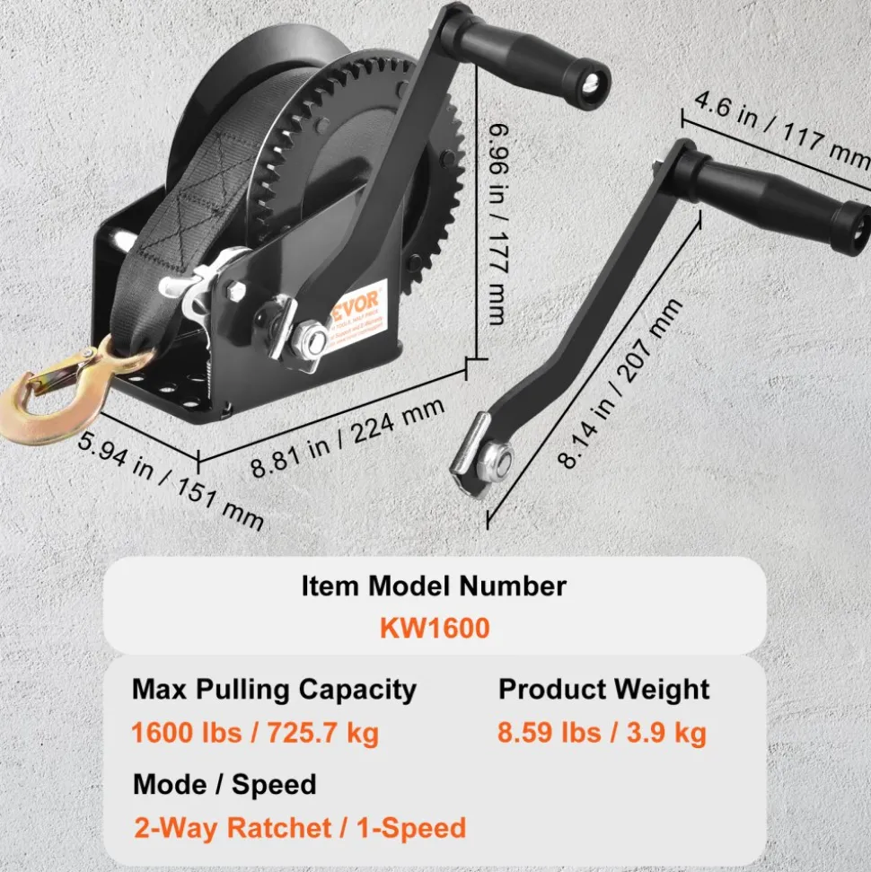 VEVOR Hand Winch, 1600 lbs Pulling Capacity, Boat Trailer Winch Heavy Duty Rope Crank with 33 ft Polyester Strap and Two-Way Ratchet, Manual Operated Hand Crank Winch for Trailer, Boat or ATV Towing