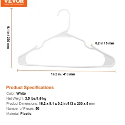 VEVOR Hangers, 0.2 in Ultra-Thin, 50 Pack White Plastic Hangers with Stable Triangular Top Structure & Wider Notch Design , Non-Slip Space Saving Hangers, Fit for T-Shirt, Shirt, Sling & Pant