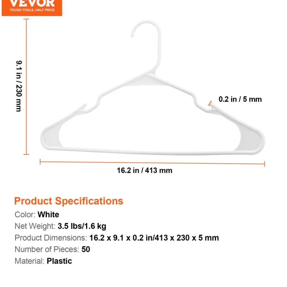 VEVOR Hangers, 0.2 in Ultra-Thin, 50 Pack White Plastic Hangers with Stable Triangular Top Structure & Wider Notch Design , Non-Slip Space Saving Hangers, Fit for T-Shirt, Shirt, Sling & Pant