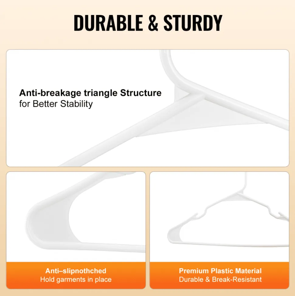 VEVOR Hangers, 0.2 in Ultra-Thin, 50 Pack White Plastic Hangers with Stable Triangular Top Structure & Wider Notch Design , Non-Slip Space Saving Hangers, Fit for T-Shirt, Shirt, Sling & Pant