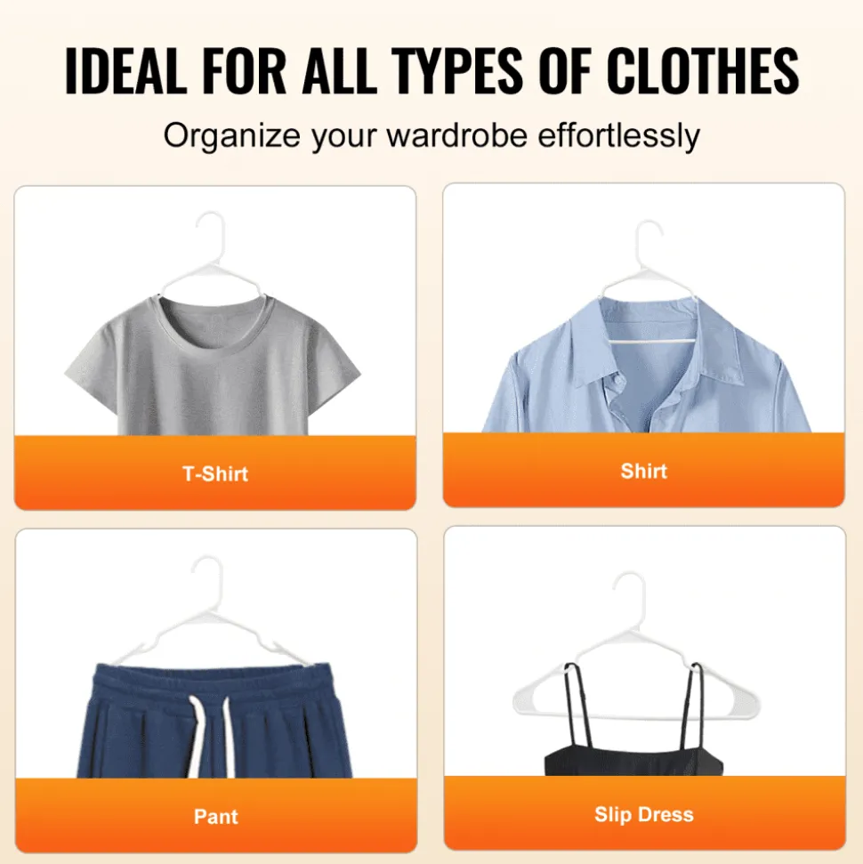 VEVOR Hangers, 0.2 in Ultra-Thin, 50 Pack White Plastic Hangers with Stable Triangular Top Structure & Wider Notch Design , Non-Slip Space Saving Hangers, Fit for T-Shirt, Shirt, Sling & Pant