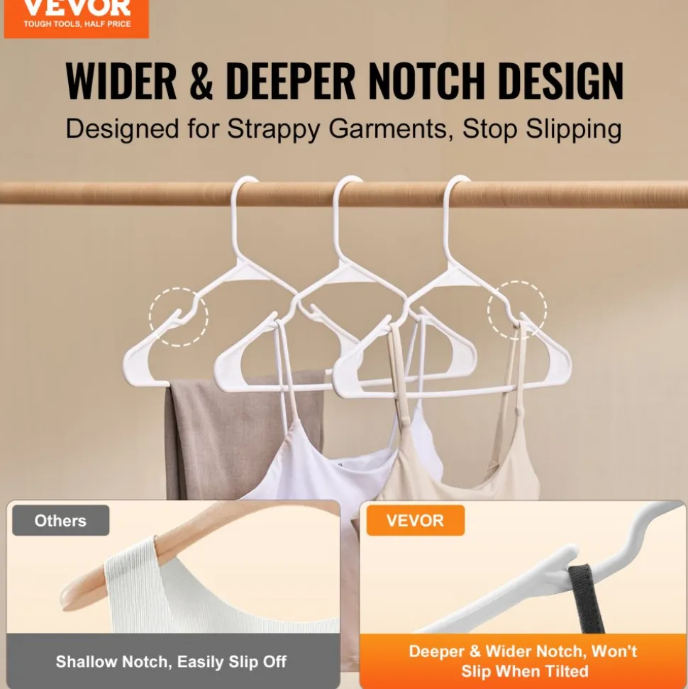 VEVOR Hangers, 0.2 in Ultra-Thin, 50 Pack White Plastic Hangers with Stable Triangular Top Structure & Wider Notch Design , Non-Slip Space Saving Hangers, Fit for T-Shirt, Shirt, Sling & Pant