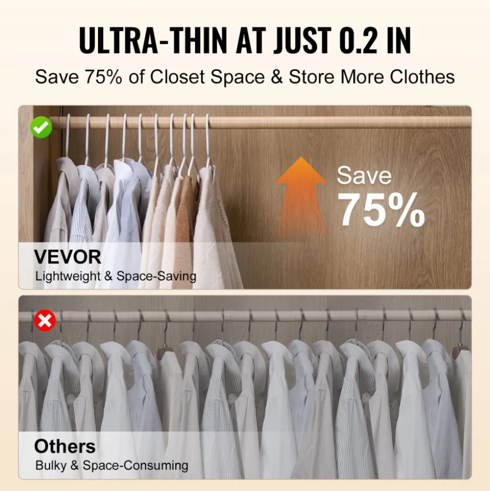 VEVOR Hangers, 0.2 in Ultra-Thin, 50 Pack White Plastic Hangers with Stable Triangular Top Structure & Wider Notch Design , Non-Slip Space Saving Hangers, Fit for T-Shirt, Shirt, Sling & Pant