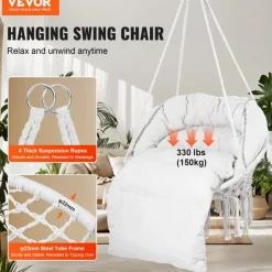 VEVOR Hanging Hammock Swing Chair, 330 Lbs Capacity, Macramé Hanging Chair with Cushion and Mounting Hardware, Cotton Rope Swing Chair for Bedroom, Balcony, Patio, Garden, Beige