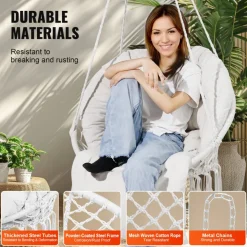 VEVOR Hanging Hammock Swing Chair, 330 Lbs Capacity, Macramé Hanging Chair with Cushion and Mounting Hardware, Cotton Rope Swing Chair for Bedroom, Balcony, Patio, Garden, Beige