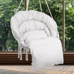 VEVOR Hanging Hammock Swing Chair, 330 Lbs Capacity, Macramé Hanging Chair with Cushion and Mounting Hardware, Cotton Rope Swing Chair for Bedroom, Balcony, Patio, Garden, Beige