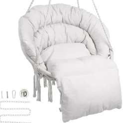 VEVOR Hanging Hammock Swing Chair, 330 Lbs Capacity, Macramé Hanging Chair with Cushion and Mounting Hardware, Cotton Rope Swing Chair for Bedroom, Balcony, Patio, Garden, Beige