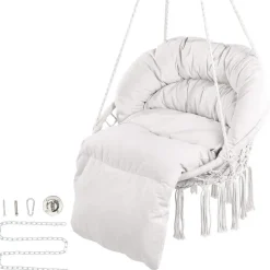 VEVOR Hanging Hammock Swing Chair, 330 Lbs Capacity, Macramé Hanging Chair with Cushion and Mounting Hardware, Cotton Rope Swing Chair for Bedroom, Balcony, Patio, Garden, Beige