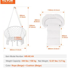 VEVOR Hanging Hammock Swing Chair, 330 Lbs Capacity, Macramé Hanging Chair with Cushion and Mounting Hardware, Cotton Rope Swing Chair for Bedroom, Balcony, Patio, Garden, Beige