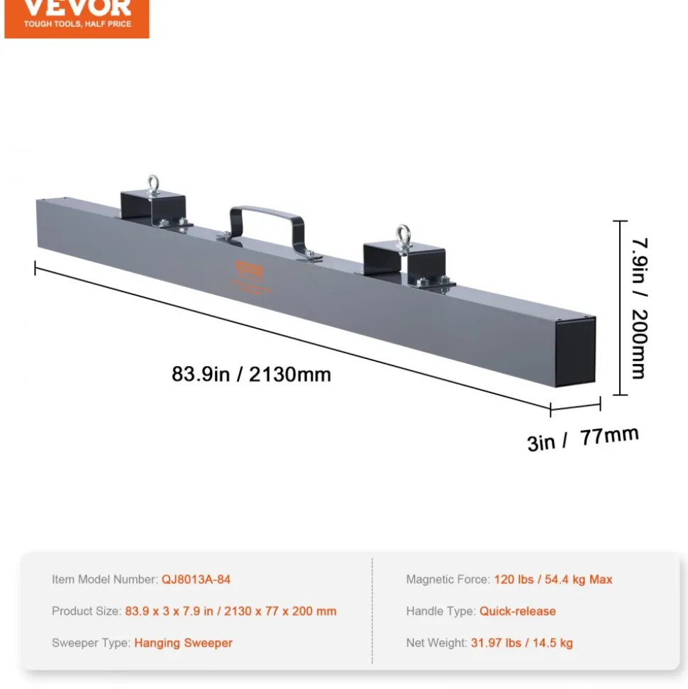 VEVOR Hanging Magnetic Sweeper Pickup Tool, 120lbs Nail Hang-Type Magnetic Forklift Sweeper, Industrial Grade Magnets Steel Material Hunting Accessories for Picking Up Bolts Nails Iron Chips Metals