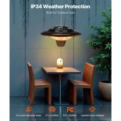 VEVOR Hanging Patio Heater, 1500W Electric Space Infrared Heater, IP34 Protection with 23.6 inch Pull Cord & Adjustable Chain, for Porch,Patio,Dining Room,Studio Outdoor/Indoor