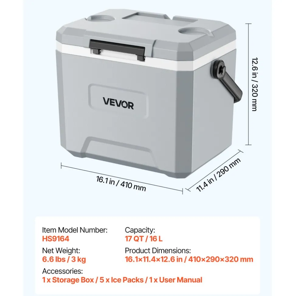 VEVOR Hard Cooler, 17QT Portable Cooler, Leak-Resistant Coolbox Keeps Contents Cool for 48 Hours, Insulated Chests with Ice Retention and Heavy-Duty Handle, Ultra-Light for Camping, Concerts, Sports