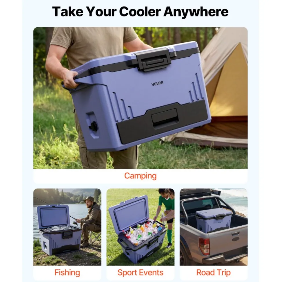 VEVOR Hard Cooler, 50QT Portable Cooler, Leak-Resistant Coolbox Keeps Contents Cool for 48 Hours, Insulated Chests with Ice Retention and Heavy-Duty Handle, Ultra-Light for Camping, Concerts, Sports