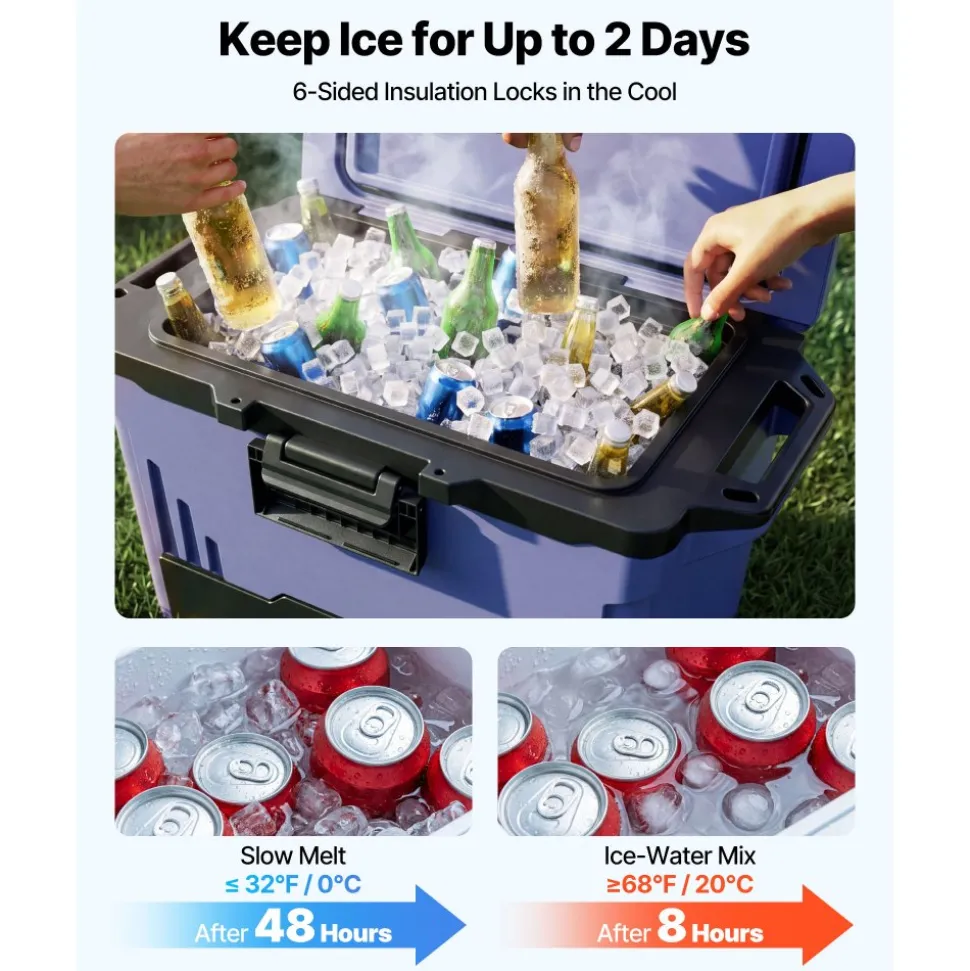 VEVOR Hard Cooler, 50QT Portable Cooler, Leak-Resistant Coolbox Keeps Contents Cool for 48 Hours, Insulated Chests with Ice Retention and Heavy-Duty Handle, Ultra-Light for Camping, Concerts, Sports