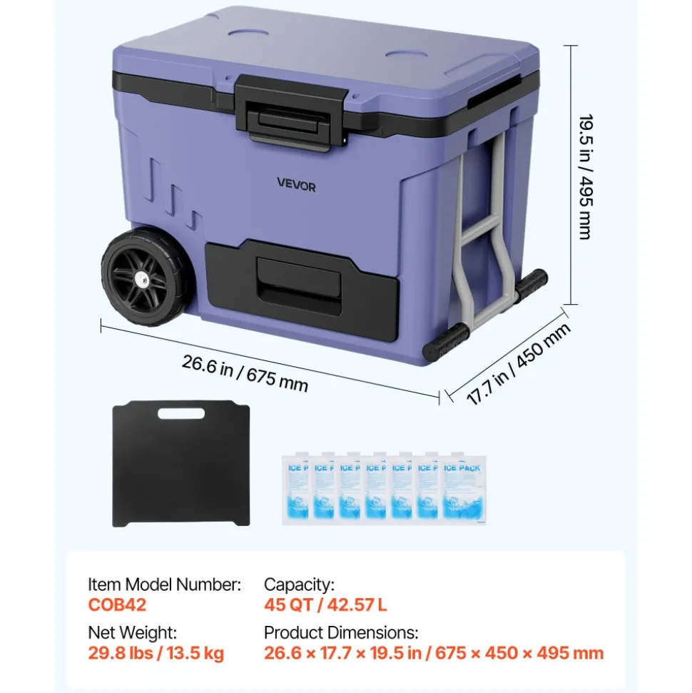 VEVOR Hard Cooler, 45QT Portable Rolling Cooler with Wheels, Leak-Resistant Coolbox Keeps Contents Cool for 48 Hours, Ice Retention Insulated Chests, Ultra-Light for Outdoor Picnics, Grill, Camping