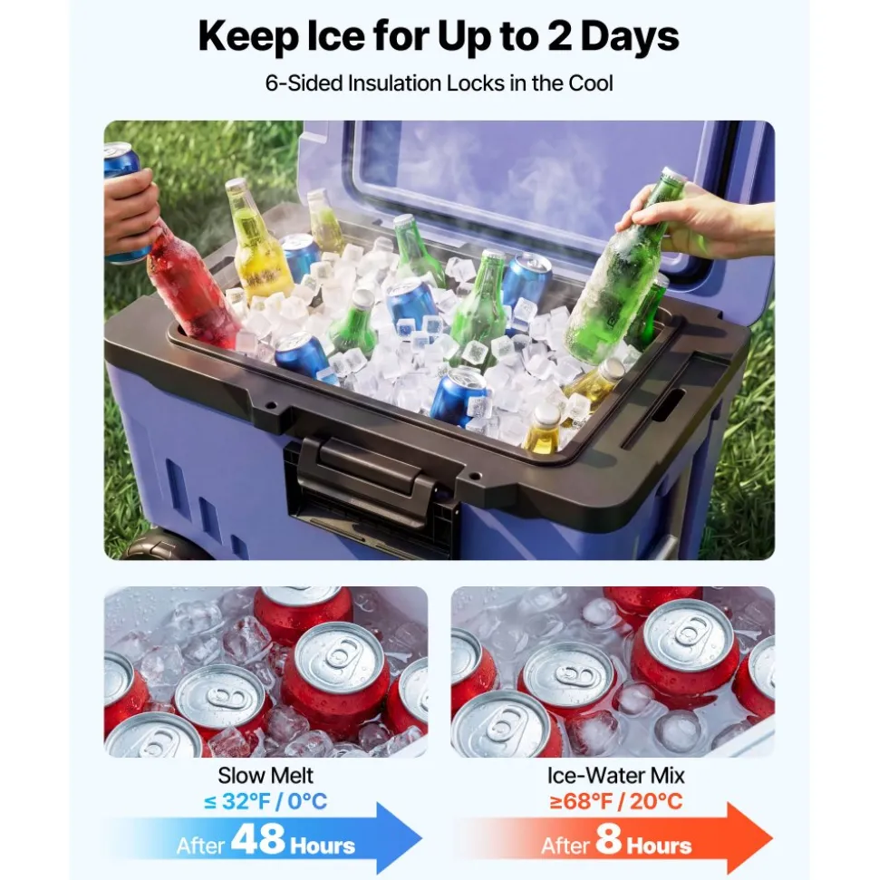 VEVOR Hard Cooler, 45QT Portable Rolling Cooler with Wheels, Leak-Resistant Coolbox Keeps Contents Cool for 48 Hours, Ice Retention Insulated Chests, Ultra-Light for Outdoor Picnics, Grill, Camping