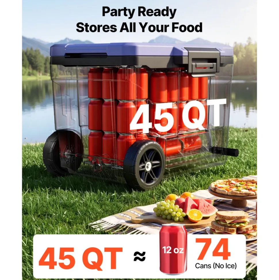 VEVOR Hard Cooler, 45QT Portable Rolling Cooler with Wheels, Leak-Resistant Coolbox Keeps Contents Cool for 48 Hours, Ice Retention Insulated Chests, Ultra-Light for Outdoor Picnics, Grill, Camping