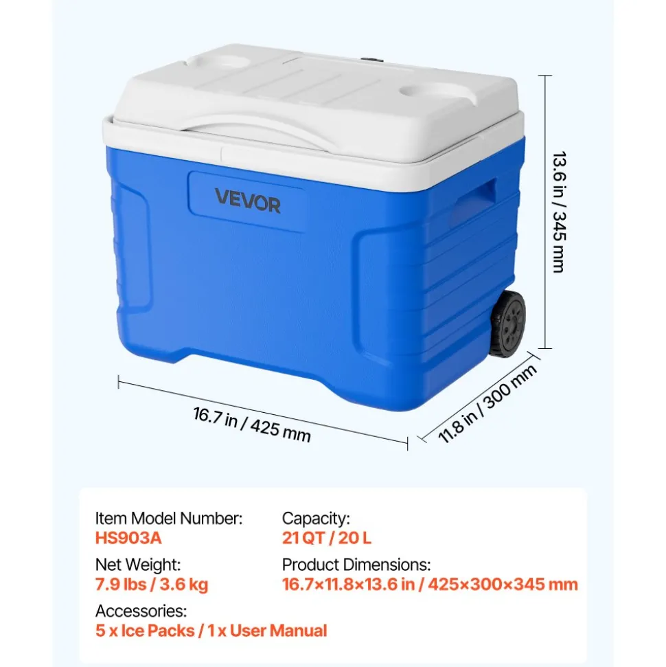 VEVOR Hard Cooler, 21QT Portable Rolling Cooler with Wheels, Leak-Resistant Coolbox Keeps Contents Cool for 48 Hours, Ice Retention Insulated Chests, Ultra-Light for Outdoor Picnics, Grill, Camping