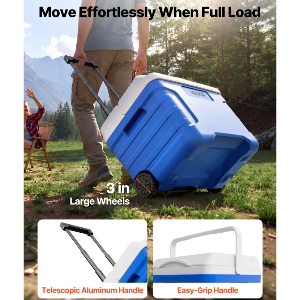 VEVOR Hard Cooler, 21QT Portable Rolling Cooler with Wheels, Leak-Resistant Coolbox Keeps Contents Cool for 48 Hours, Ice Retention Insulated Chests, Ultra-Light for Outdoor Picnics, Grill, Camping