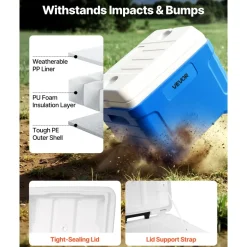 VEVOR Hard Cooler, 45QT Portable Rolling Cooler with Wheels, Leak-Resistant Coolbox Keeps Contents Cool for 48 Hours, Ice Retention Insulated Chests, Ultra-Light for Outdoor Picnics, Grill, Camping