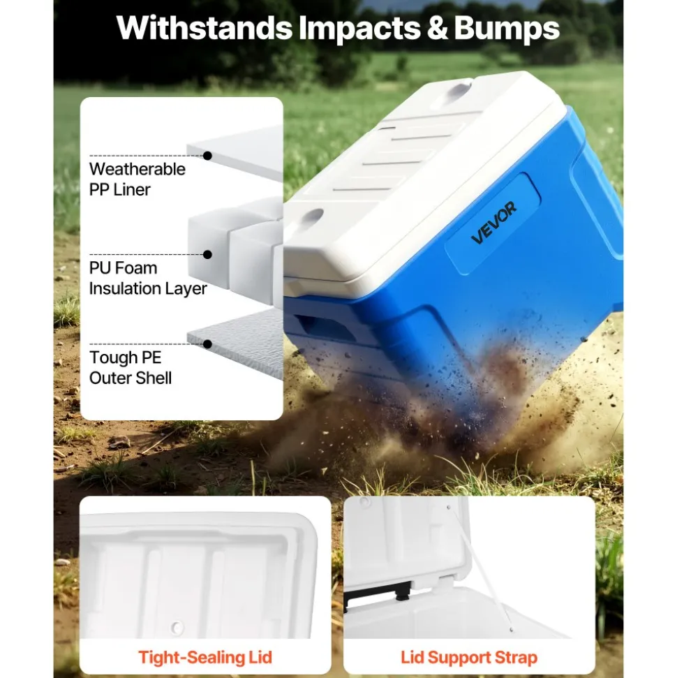 VEVOR Hard Cooler, 45QT Portable Rolling Cooler with Wheels, Leak-Resistant Coolbox Keeps Contents Cool for 48 Hours, Ice Retention Insulated Chests, Ultra-Light for Outdoor Picnics, Grill, Camping