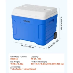 VEVOR Hard Cooler, 45QT Portable Rolling Cooler with Wheels, Leak-Resistant Coolbox Keeps Contents Cool for 48 Hours, Ice Retention Insulated Chests, Ultra-Light for Outdoor Picnics, Grill, Camping